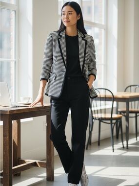 Kasper Black and White Houndstooth Notched Blazer